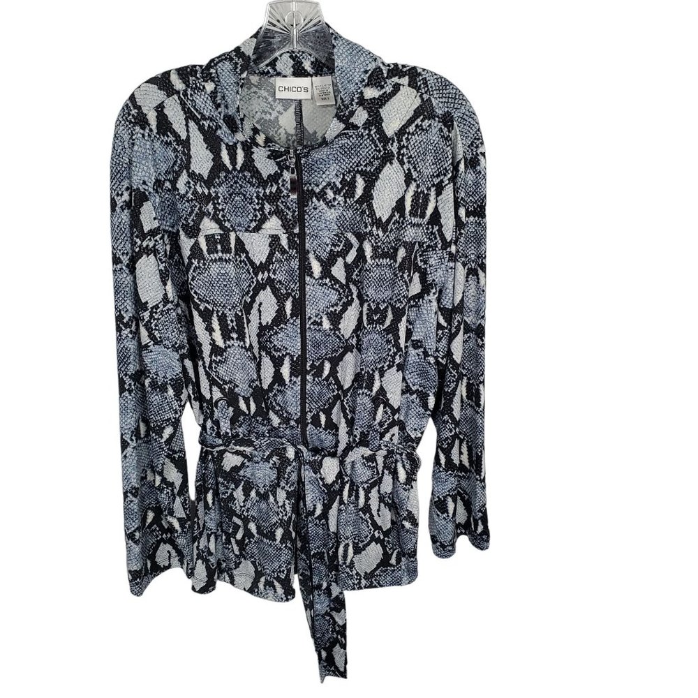 Chico's 3 Sz XL Jacket Blue Reptile Print Zip Belt Pockets Stretch Fluid Jersey - Picture 3 of 9